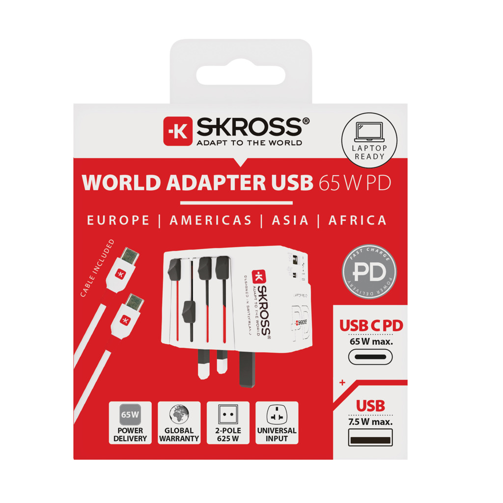 SKROSS World Travel Adapter MUV 65W PD mit USB-C-Kabel